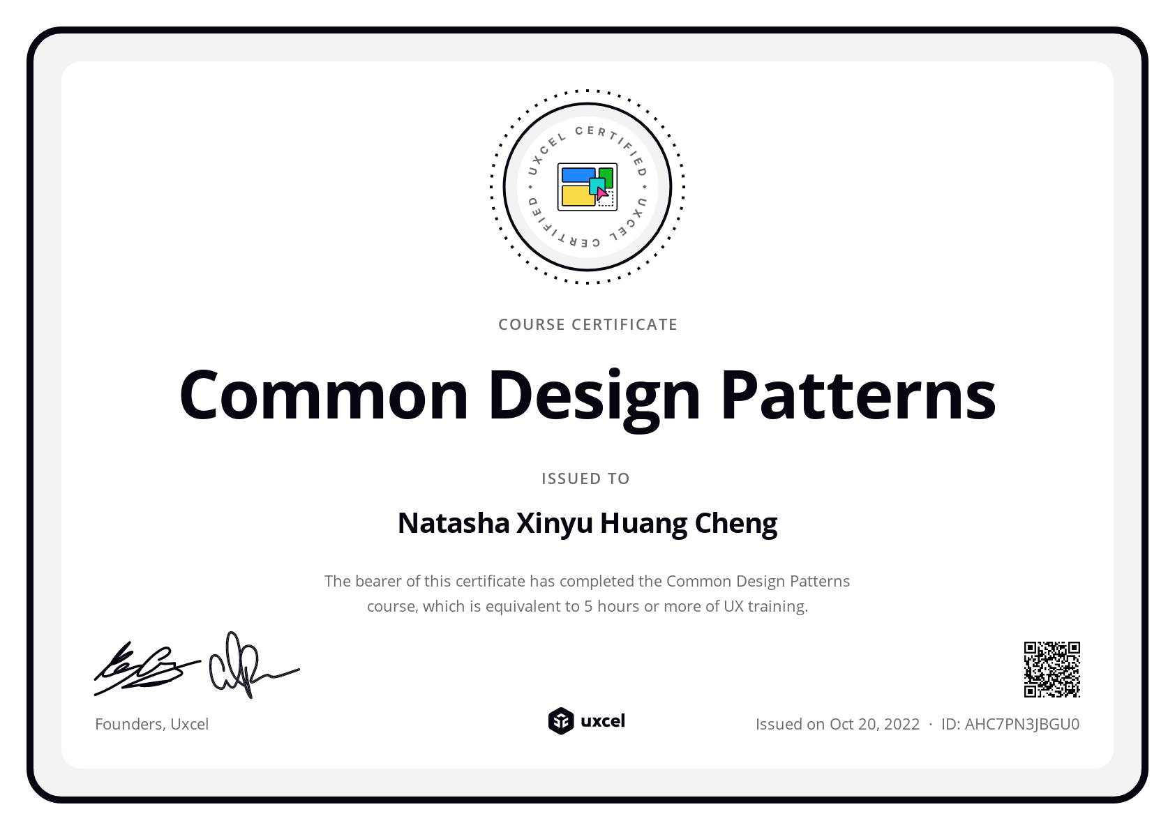 Natasha Xinyu Huang Cheng's certificate